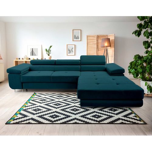 Canapé D'angle Droit Convertible 6 Places En Velours Bleu Canard