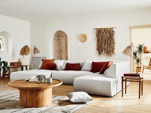 Canapé modulable 7 places angle droit en tissu gris clair