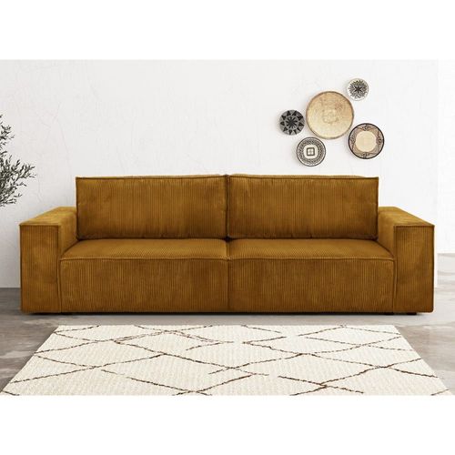 Canapé Convertible 3 Places En Velours Côtelé Jaune Moutarde