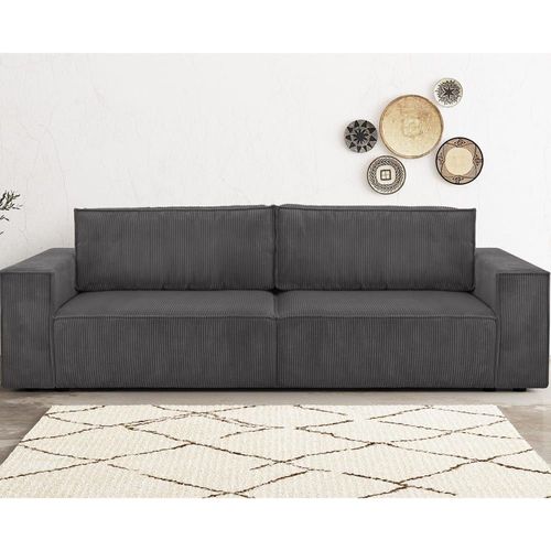 Canapé 3 Places Convertible + Coffre En Velours Côtelé Anthracite