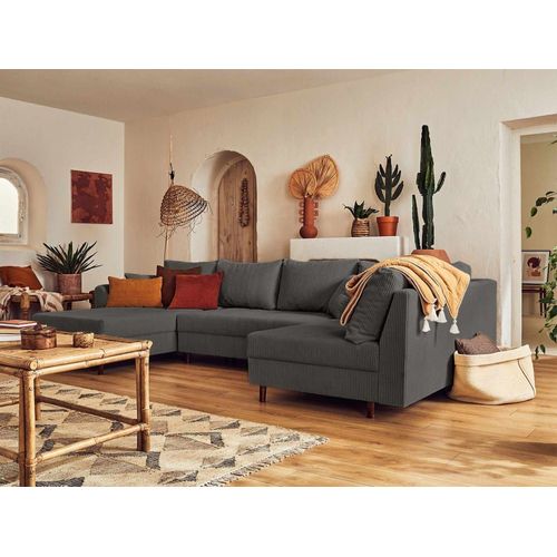 Canapé D'angle Droit 7 Places En Velours Côtelé Gris Foncé