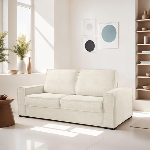 Canapé Convertible 3 Places En Velours Côtelé Beige, Ouverture Express
