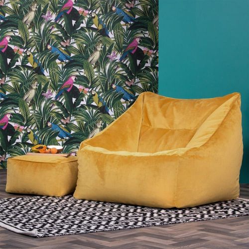 Pouf Fauteuil Avec Repose-Pied Carré Velours Jaune Ocre