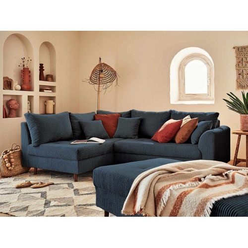 Canapé D'angle Gauche Convertible 4 Places En Velours Côtelé Bleu Nuit