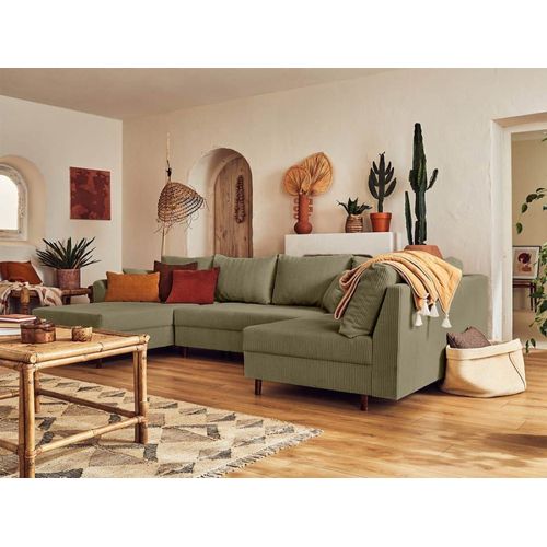 Canapé D'angle Droit 7 Places En Velours Côtelé Vert