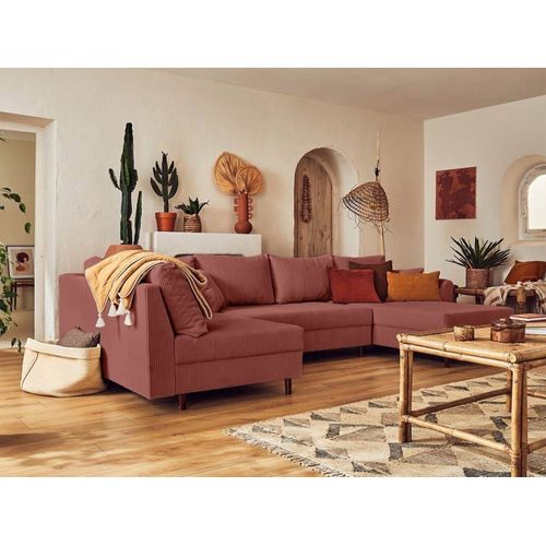 Canapé D'angle Gauche 7 Places En Velours Côtelé Terracotta