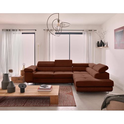 Canapé D'angle Droit Convertible 5 Places En Velours Côtelé Terracotta