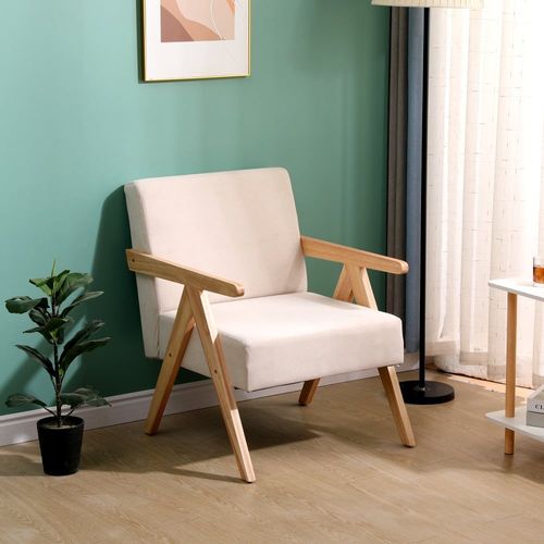 Fauteuil De Salon En Bois Massif Et Tissu Beige
