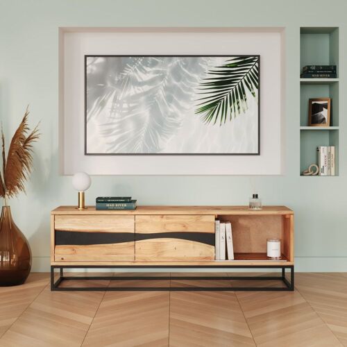 Meuble TV en bois d'acacia massif et métal 140 cm