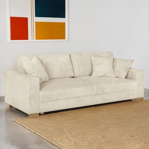 Canapé Convertible 3 Places En Velours Côtelé Beige