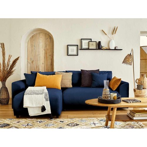 Canapé D'angle Réversible Convertible 4 Places En Velours Bleu Nuit