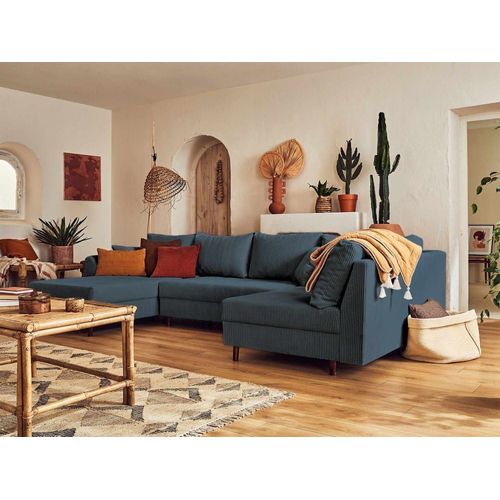 Canapé D'angle Droit 7 Places En Velours Côtelé Bleu Nuit