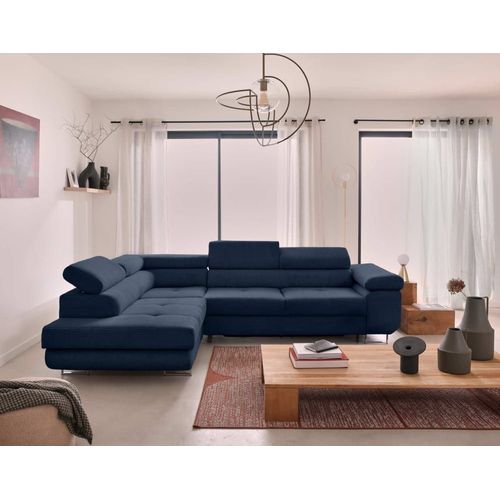 Canapé D'angle Gauche Convertible 5 Places En Velours Côtelé Bleu