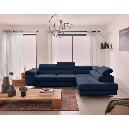 Canapé D'angle Droit Convertible 5 Places En Velours Côtelé Bleu