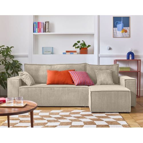 Canapé D'angle Réversible Convertible 4 Places En Velours Côtelé Beige