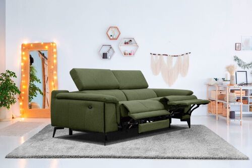 Canapé droit 3 places avec 2 relax électriques tissu vert