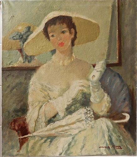 Marguerite Aers Elégante À L'ombrelle Huile Sur Toile