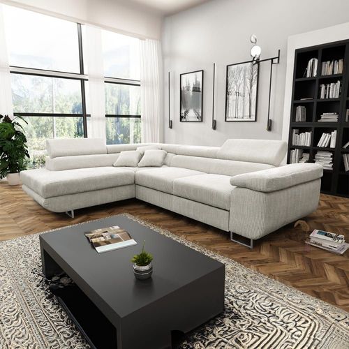 Canapé D'angle Convertible Gauche 4 Places Coffre Velours Côtelé Blanc