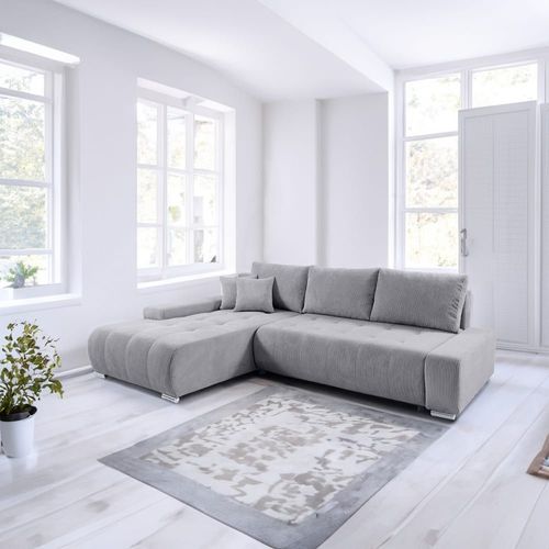 Canapé D'angle Convertible Gauche 4 Places Coffre Velours Côtelé Gris