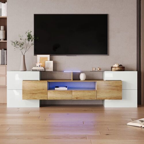 Meuble TV élégant blanc brillant éclairage LED surface en verre