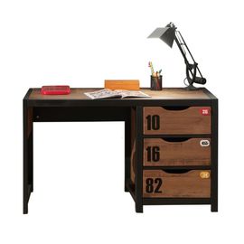 Bureau En Pin Massif Avec 3 Tiroirs, Coloris Bois Foncé Et Noir