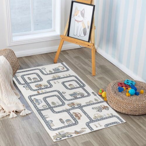Tapis Enfant Lavable En Machine Circuit Voitures Beige/Gris 80x150