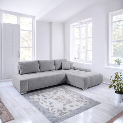 Canapé D'angle Convertible Droit 4 Places Coffre Velours Côtelé Gris