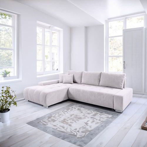 Canapé D'angle Convertible Gauche 4 Places Coffre Velours Côtelé Blanc
