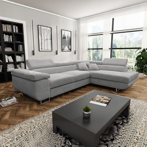 Canapé D'angle Convertible Droit 4 Places Coffre Velours Côtelé Gris