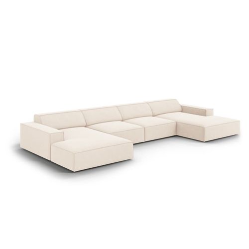 Canapé Panoramique 6 Places En Tissu Velours Beige Clair
