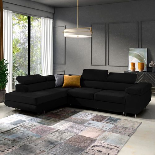 Canapé D'angle Convertible Gauche 4 Places Tissu Velours Noir
