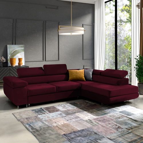 Canapé D'angle Convertible Droit 4 Places Tissu Velours Bordeaux