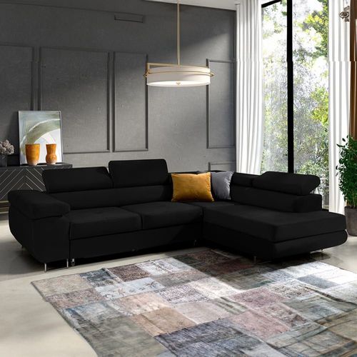 Canapé D'angle Convertible Droit 4 Places Tissu Velours Noir