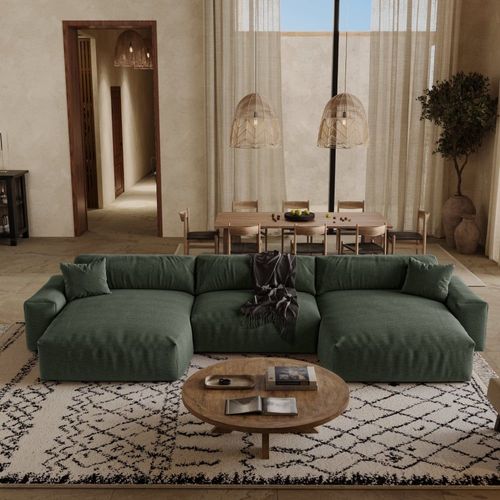 Canapé Panoramique 6 Places En Tissu Tramé Toucher Doux Vert Kaki