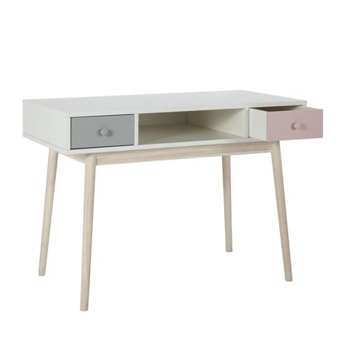 Bureau Vintage Blanc 2 Tiroirs Gris Et Rose
