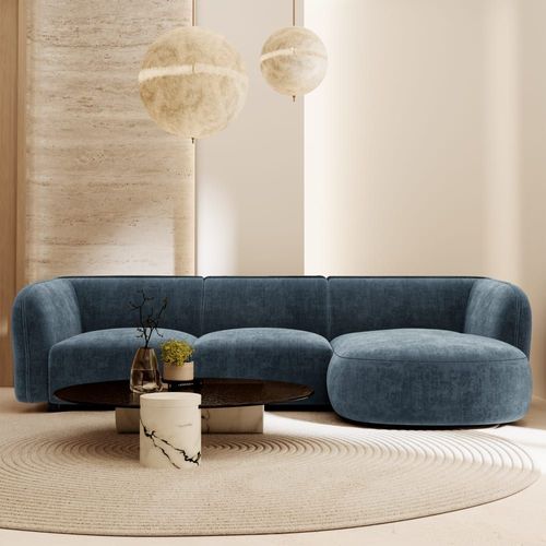 Canapé D'angle Droit 5 Places En Velours Gaufré Bleu Minéral