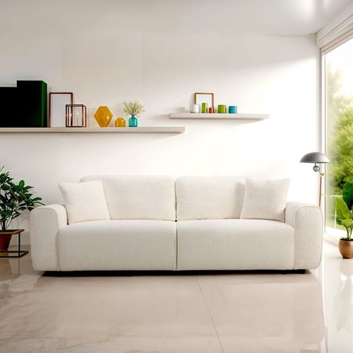 Canapé Convertible 3 Places En Tissu Bouclé Beige