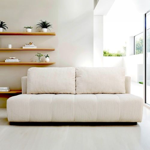 Canapé Convertible 3 Places En Velours Côtelé Beige