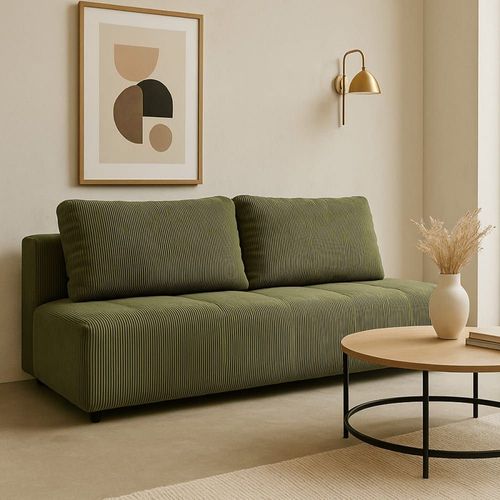 Canapé Convertible 3 Places En Velours Côtelé Vert Kaki
