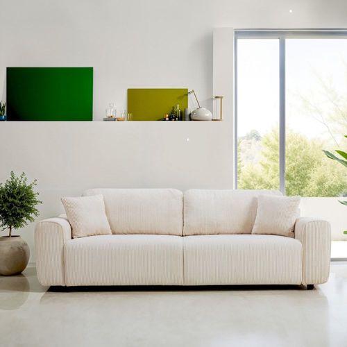 Canapé Convertible 3 Places En Velours Côtelé Beige