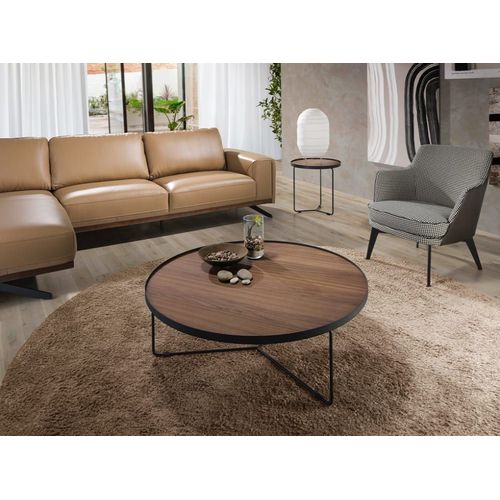 Table Basse Ronde Effet Bois Noyer Et Acier Noir