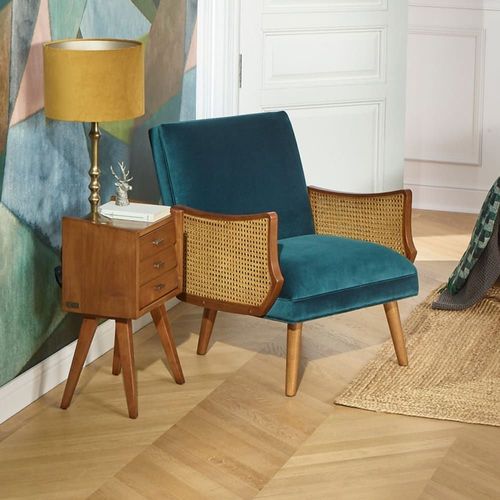 Fauteuil En Hévéa, Cannage Et Velours Bleu Paon