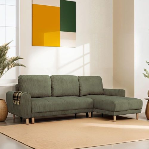 Canapé D'angle Convertible 3/4 Places En Velours Côtelé Vert Kaki