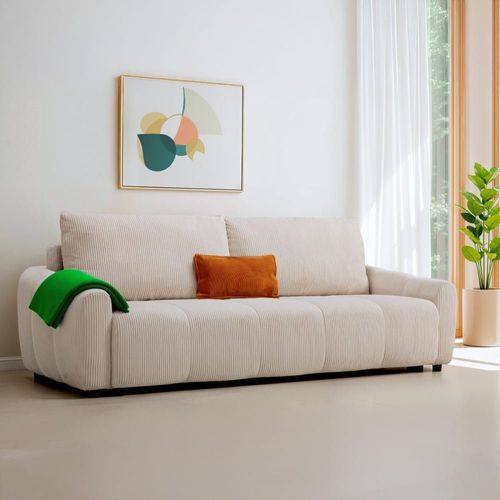 Canapé Convertible 3 Places En Velours Côtelé Beige