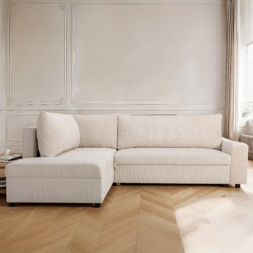 Canapé D'angle Convertible 4/5 Places En Velours Côtelé Beige