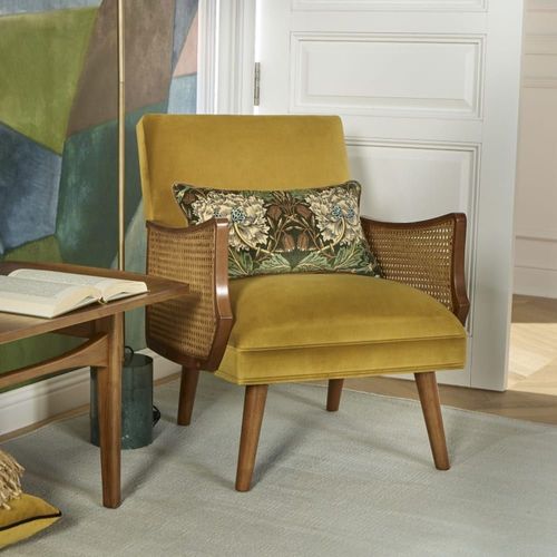 Fauteuil En Hévéa, Cannage Et Velours Jaune Moutarde