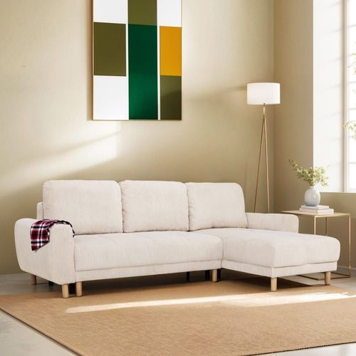 Canapé D'angle Convertible 3/4 Places En Velours Côtelé Beige