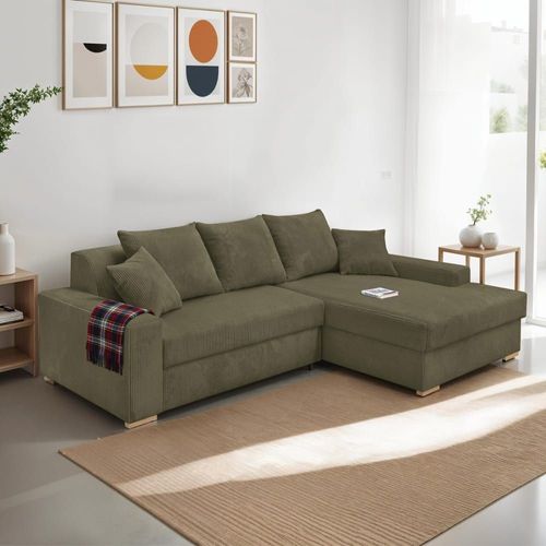 Canapé D'angle À Droite Convertible 3/4 Places En Velours Côtelé Vert