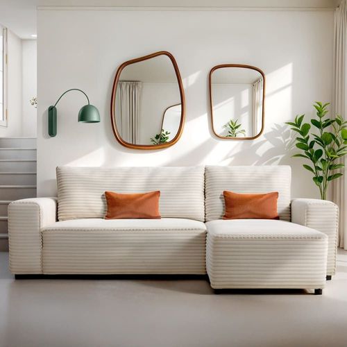 Canapé D'angle Convertible 3/4 Places En Velours Gros Côtelé Beige