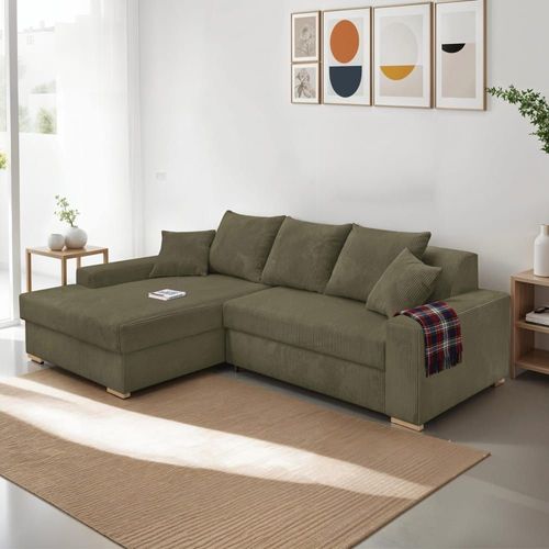 Canapé D'angle À Gauche Convertible 3/4 Places En Velours Côtelé Vert